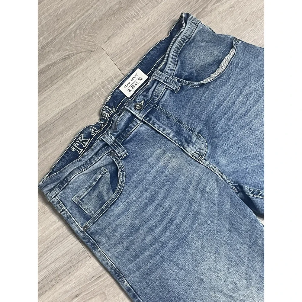 TK Axel Jeans Mens 36x32 (Fits 36x31) Slim Boot Cut Denim Stretch Thick Stitch